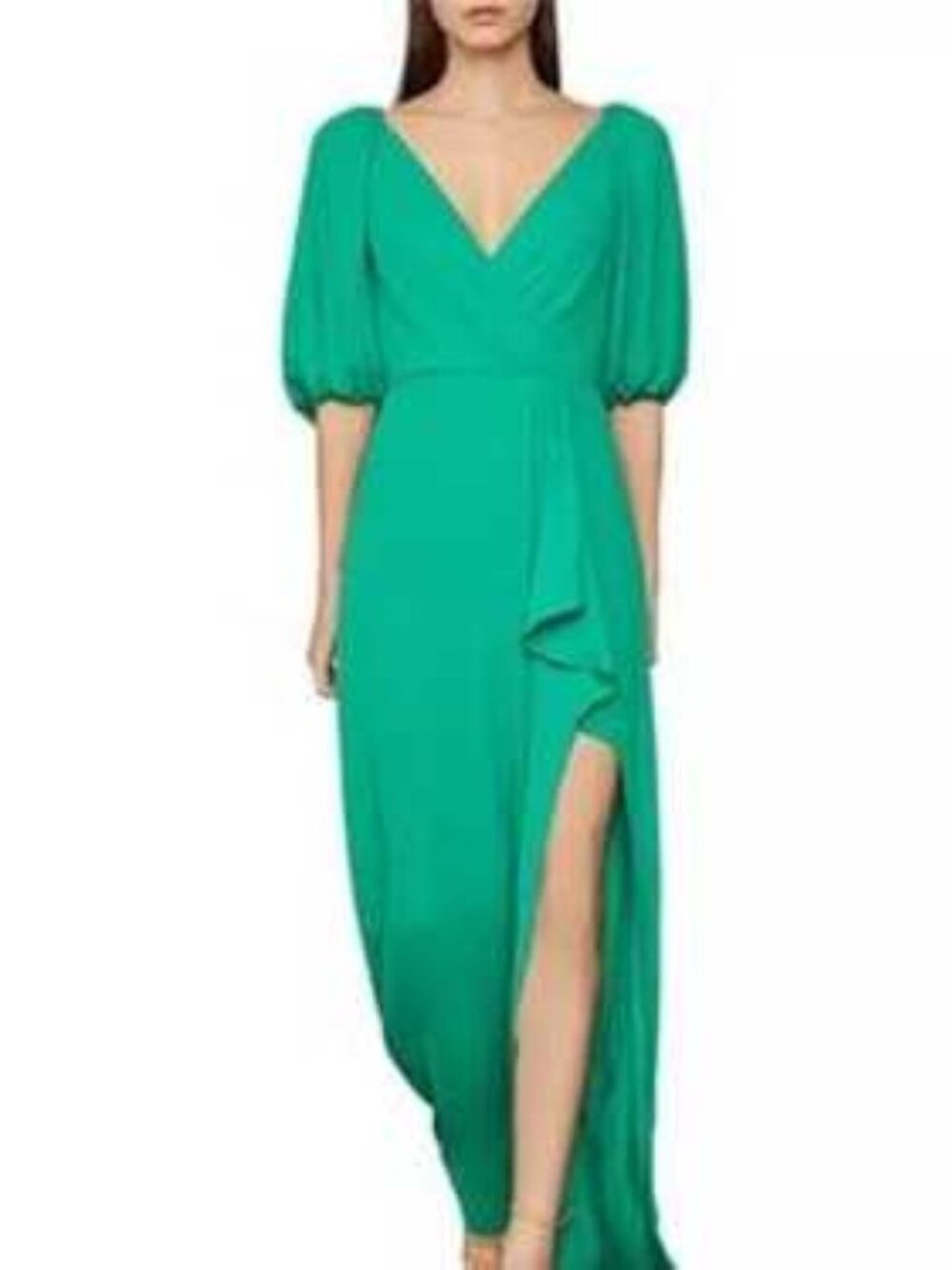 BCBG puff sleeves and a draped side-tie maxi wrap dress size 6